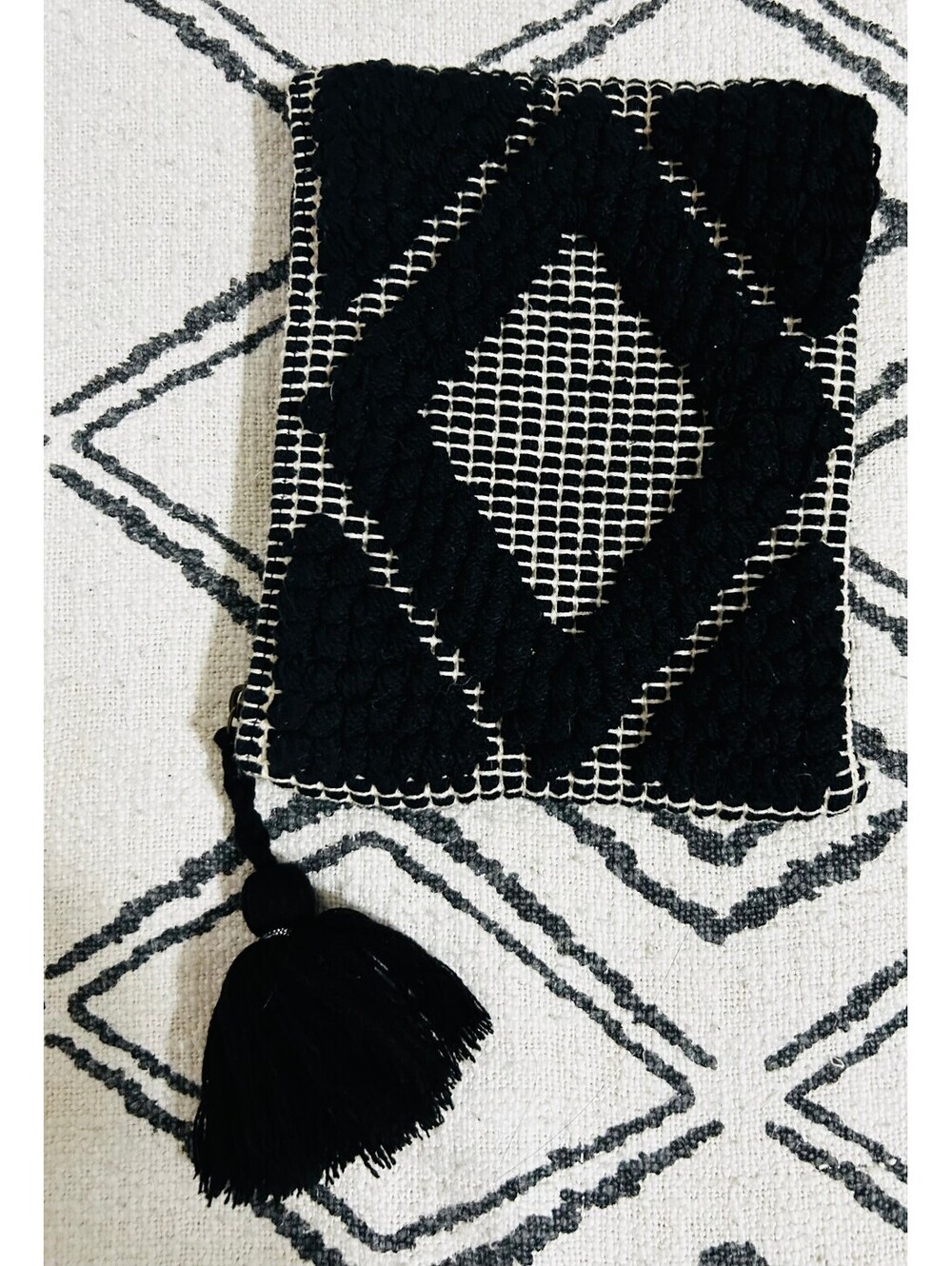 Boho Tufted Geometric Clutch Pouch Aztec Diamond Makeup Bag Black Tassel